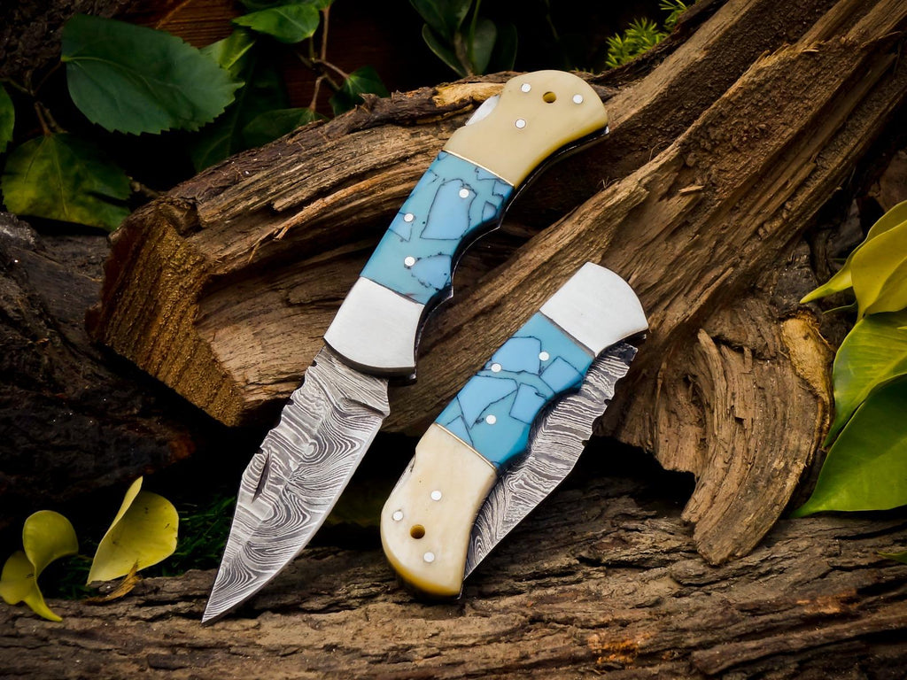 Personalized Handmade Damascus Steel Pocket Knife, Folding EDC Hunting Knife, Bone and Resin Handle, Groomsmen Gift With Leather Sheath