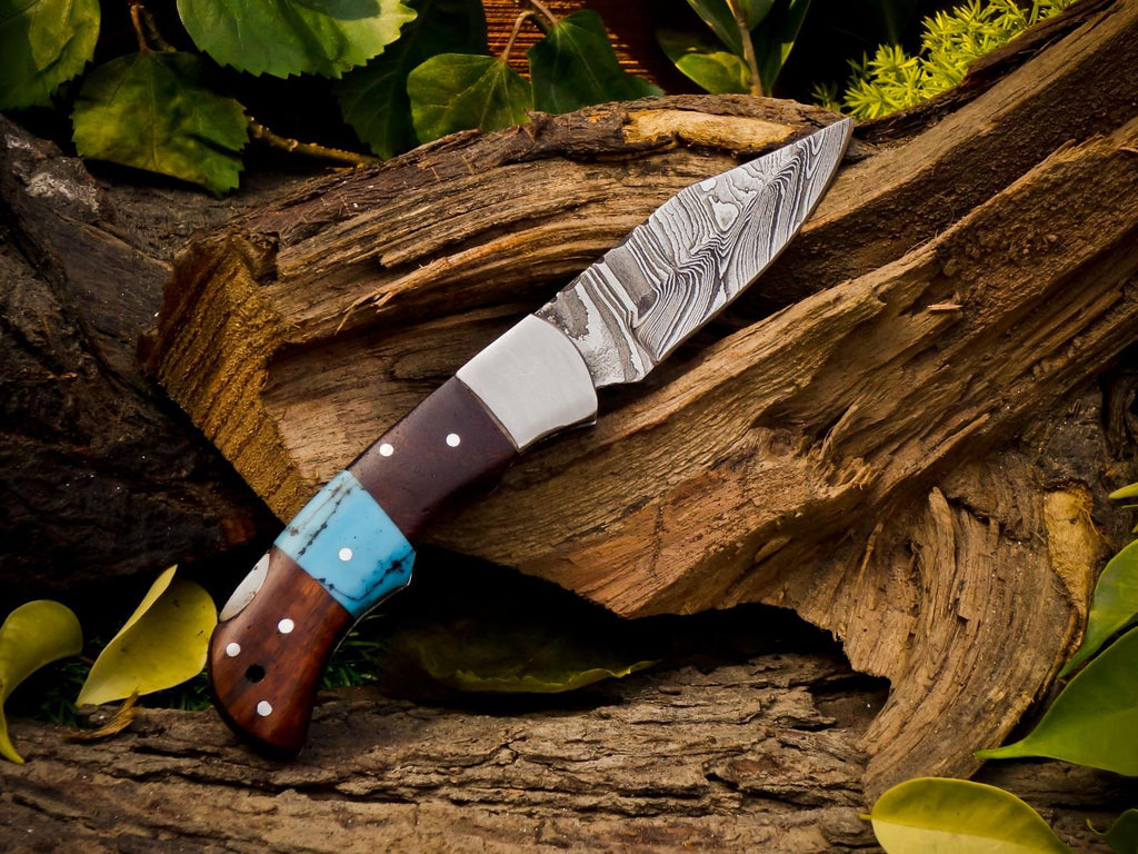 Personalized Handmade Damascus Steel Pocket Knife, Folding EDC Hunting Knife, Wood and Resin Handle, Groomsmen Gift With Leather Sheath