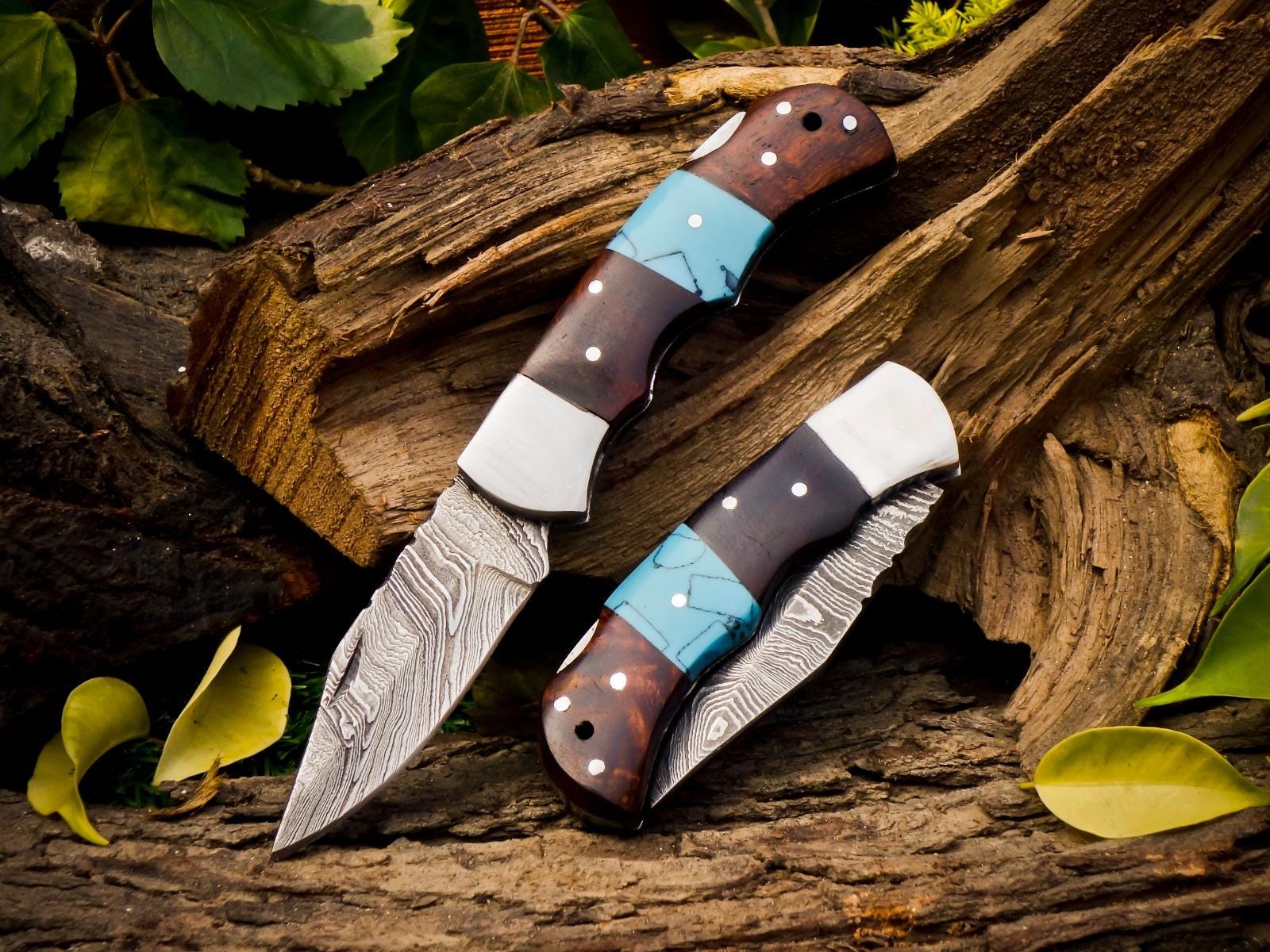 Personalized Handmade Damascus Steel Pocket Knife, Folding EDC Hunting Knife, Wood and Resin Handle, Groomsmen Gift With Leather Sheath