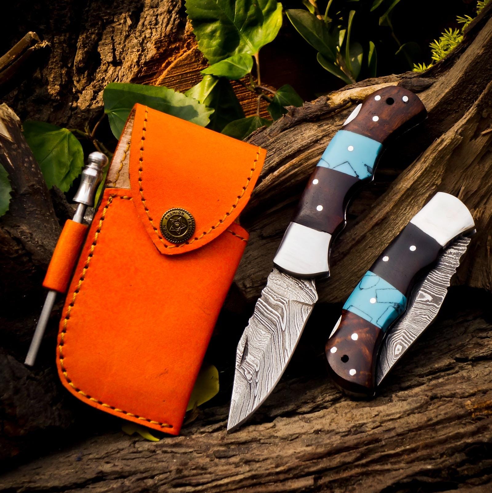 Personalized Handmade Damascus Steel Pocket Knife, Folding EDC Hunting Knife, Wood and Resin Handle, Groomsmen Gift With Leather Sheath