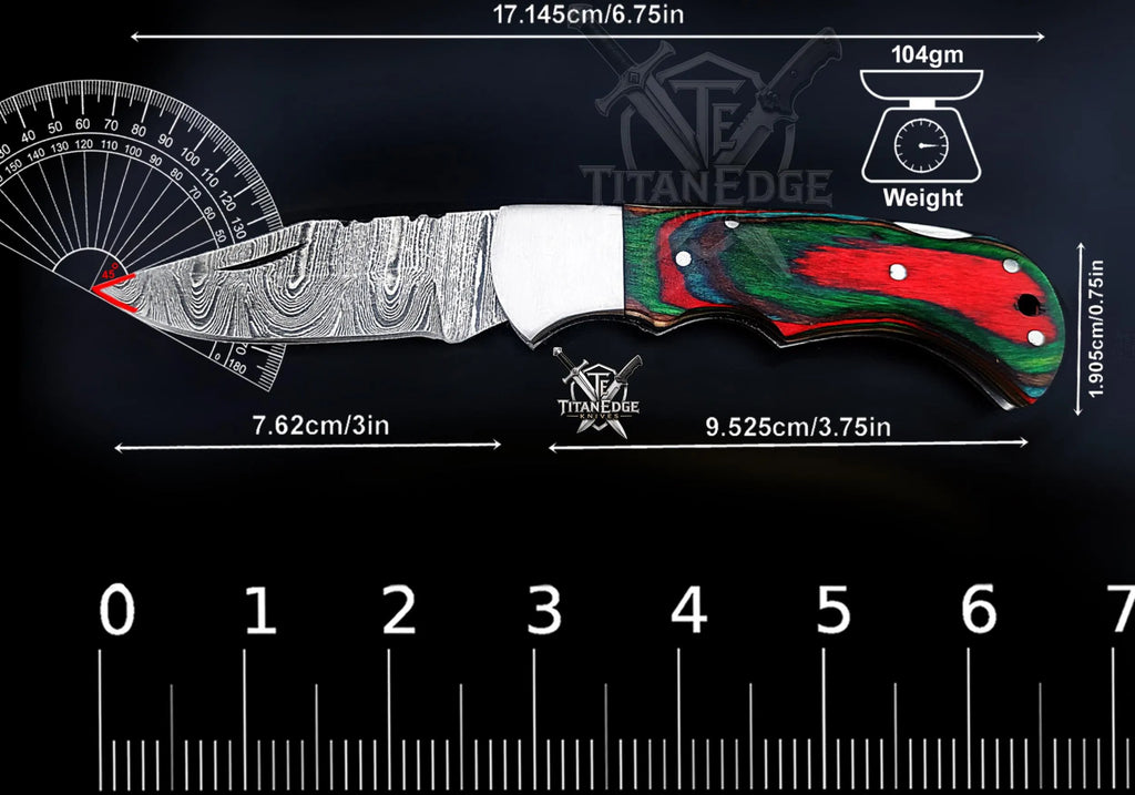 Personalized Handmade 6.75"Damascus Steel Pocket Knife, Folding EDC Hunting Knife, Wood Handle, Groomsmen Gift With Leather Sheath