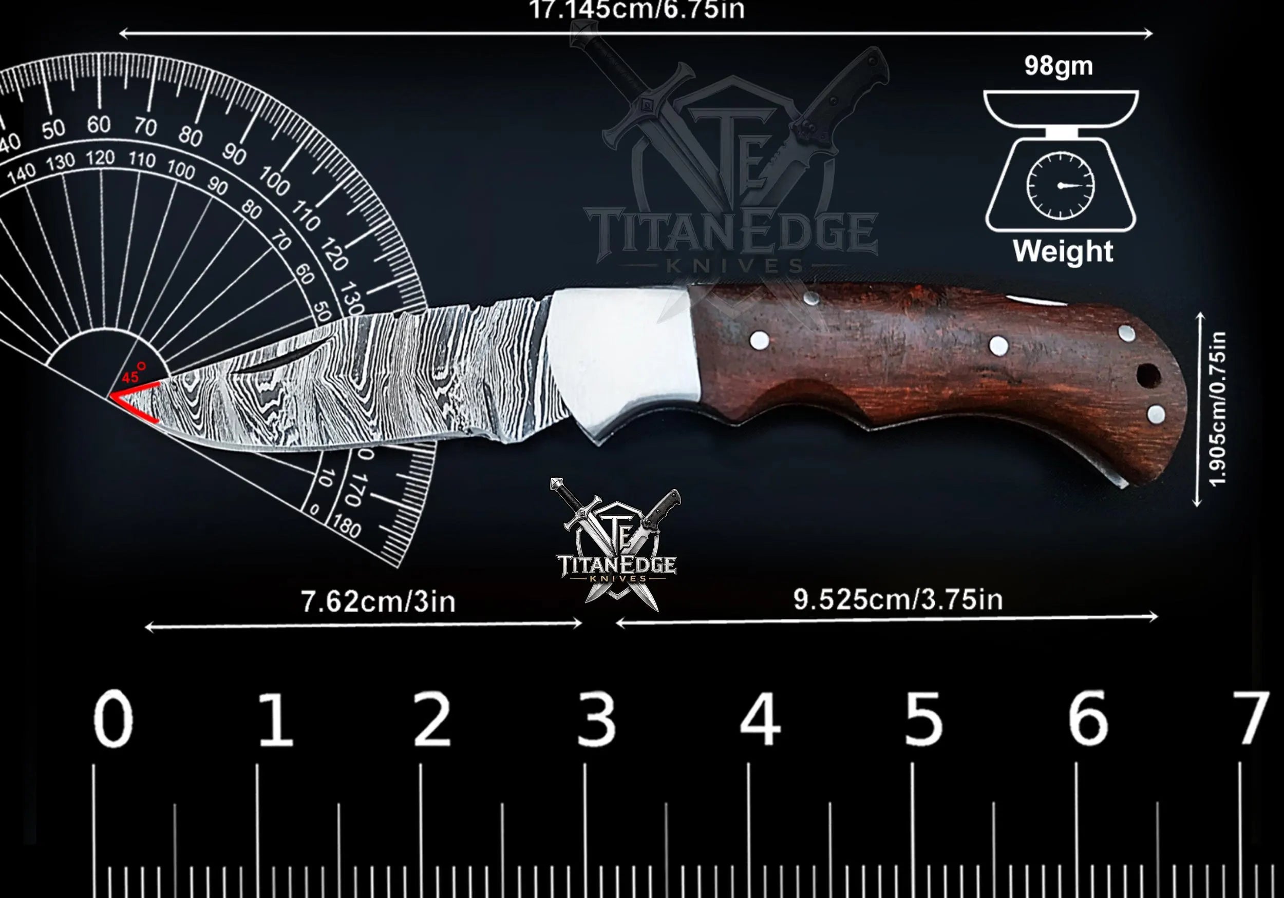 Personalized Handmade 6.75"Damascus Steel Pocket Knife, Folding EDC Hunting Knife, Wood Handle, Groomsmen Gift With Leather Sheath