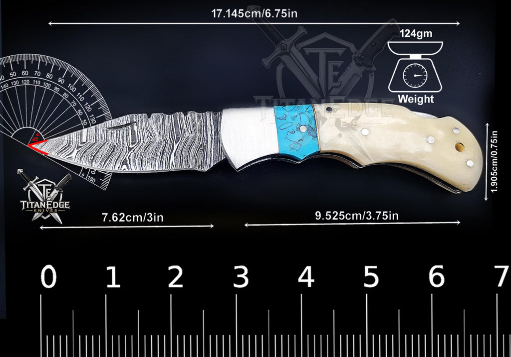 Personalized Handmade 6.75"Damascus Steel Pocket Knife, Folding EDC Hunting Knife, Bone & Resin Handle, Groomsmen Gift With Leather Sheath