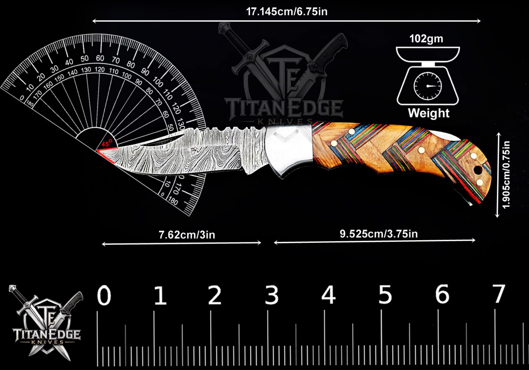 Personalized Handmade 6.75"Damascus Steel Pocket Knife, Folding EDC Hunting Knife, Resin Handle, Groomsmen Gift With Leather Sheath