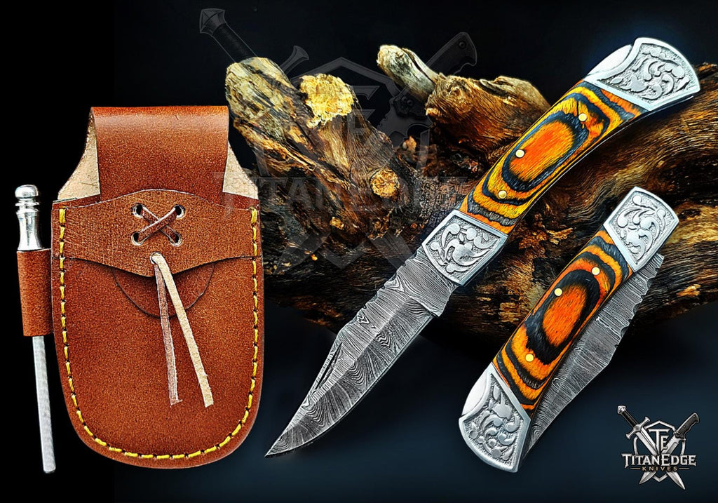 Handmade 7.25" Damascus Steel Pocket Knife, Folding EDC Hunting Knife, Pakkawood Handle, Groomsmen Gift With Leather Sheath