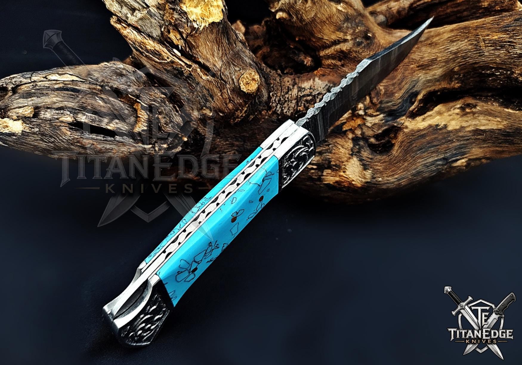 Handmade 7.25" Damascus Steel Pocket Knife, Folding EDC Hunting Knife, Resin Handle, Groomsmen Gift With Leather Sheath