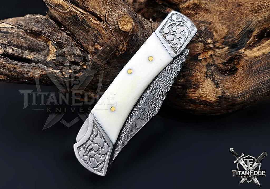 Handmade 7.25" Damascus Steel Pocket Knife, Folding EDC Hunting Knife, Camel Bone Handle, Groomsmen Gift With Leather Sheath