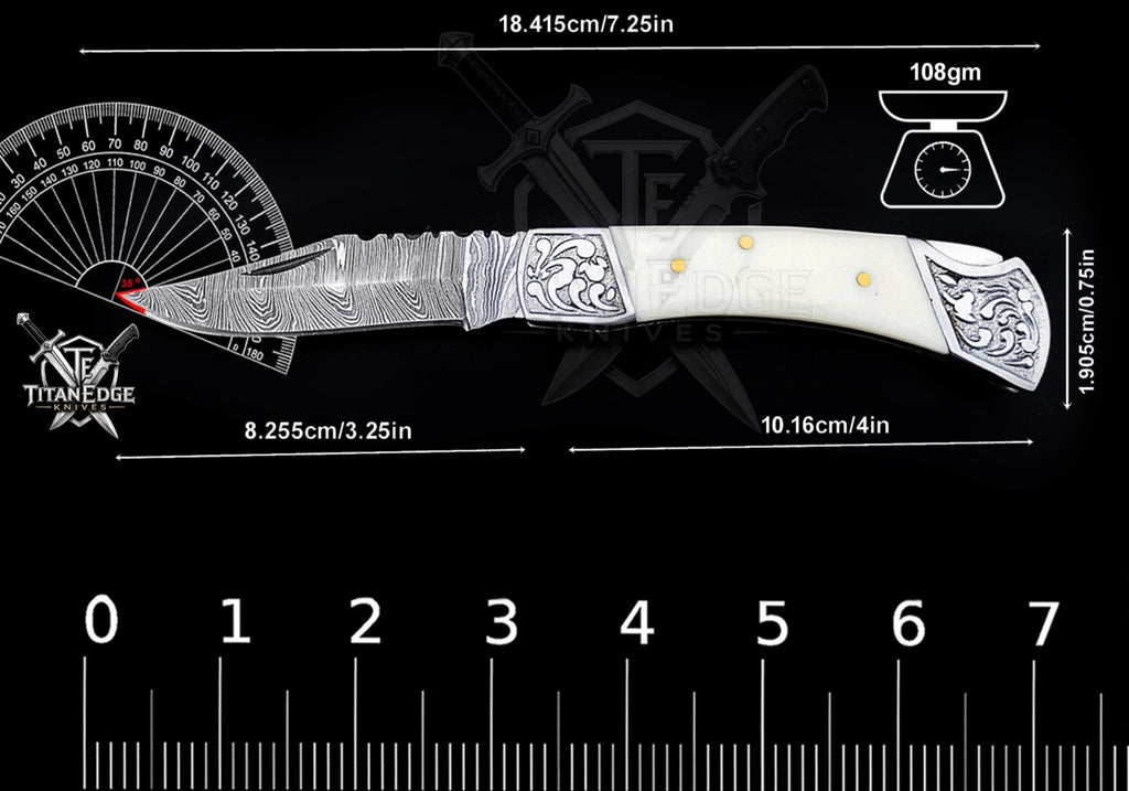 Handmade 7.25" Damascus Steel Pocket Knife, Folding EDC Hunting Knife, Camel Bone Handle, Groomsmen Gift With Leather Sheath