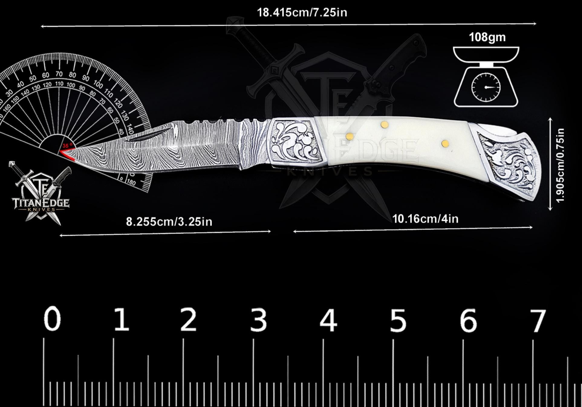 Handmade 7.25" Damascus Steel Pocket Knife, Folding EDC Hunting Knife, Camel Bone Handle, Groomsmen Gift With Leather Sheath