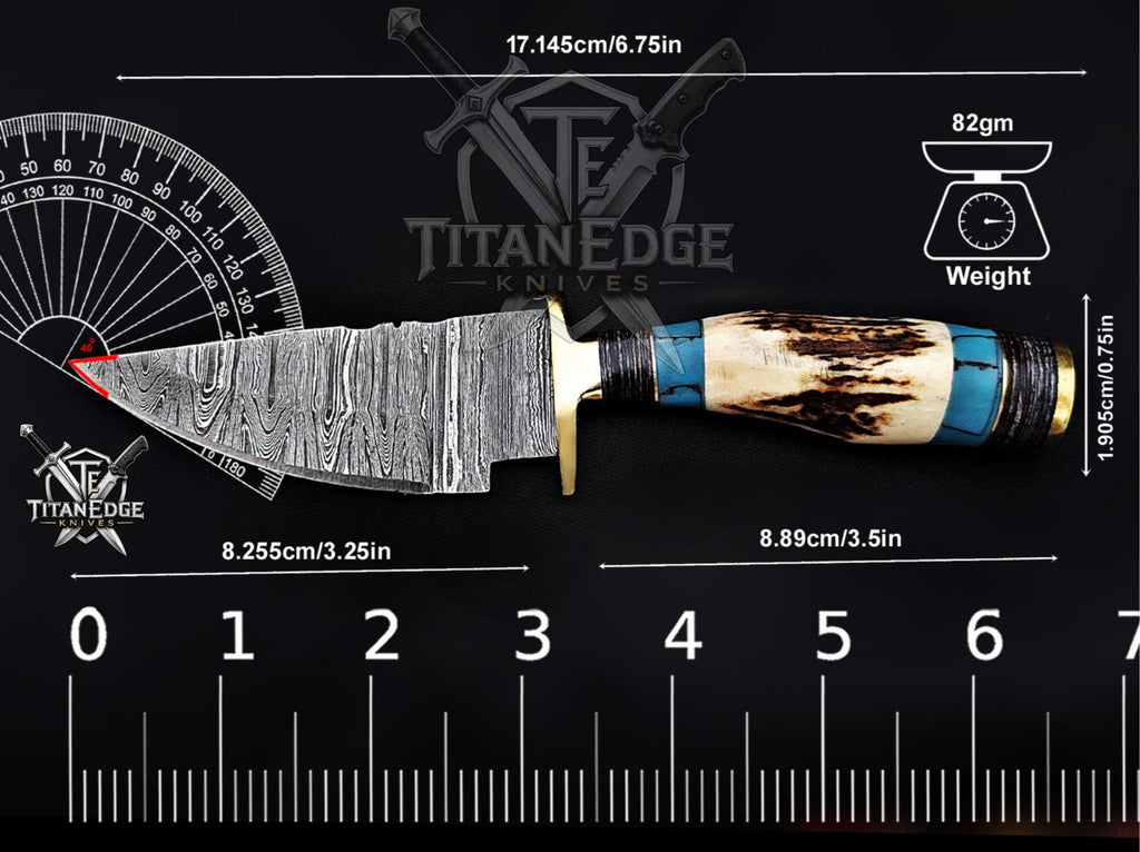 Handmade 6.75" Damascus Steel Fixed Blade Hunting Knife, Stag Antler Handle, Groomsmen Gift With Leather Sheath