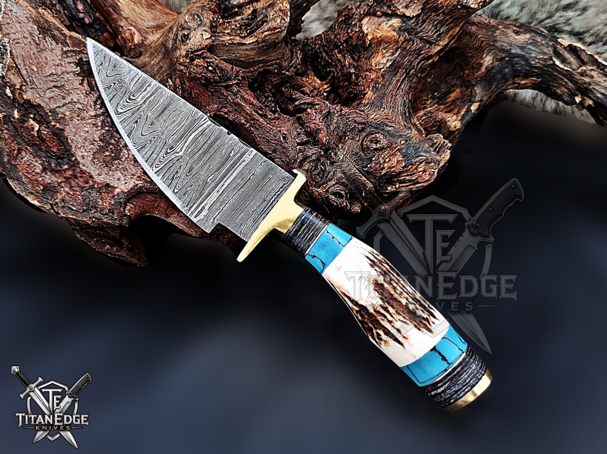 Handmade 6.75" Damascus Steel Fixed Blade Hunting Knife, Stag Antler Handle, Groomsmen Gift With Leather Sheath