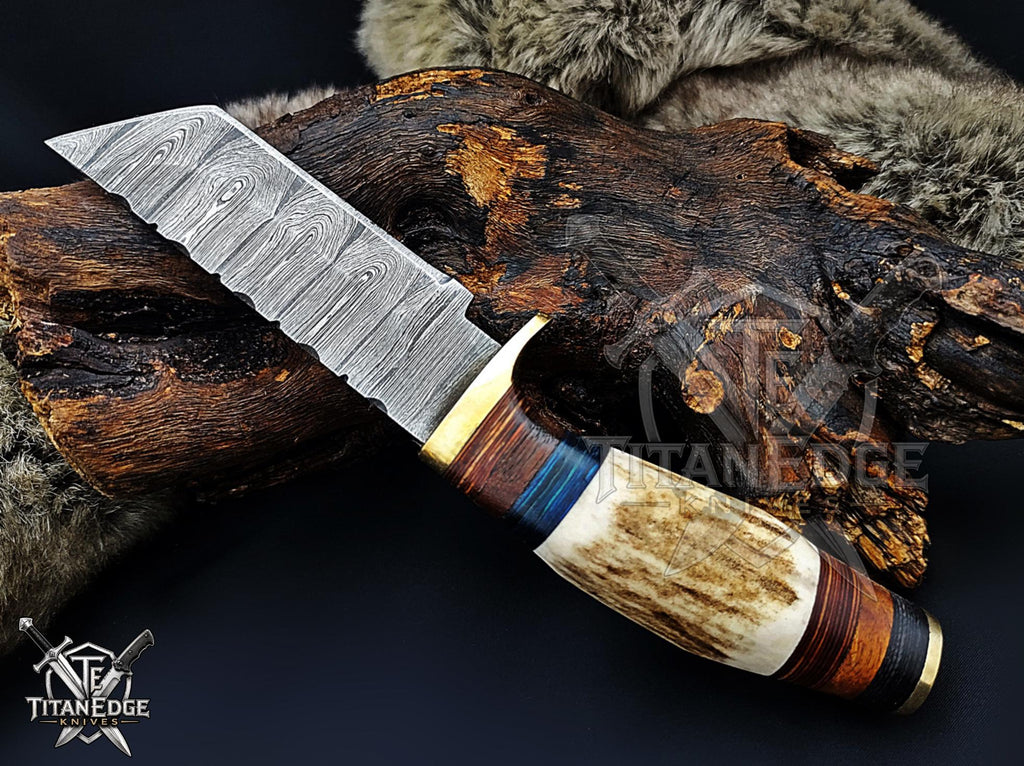 Handmade 8" Damascus Steel Fixed Blade Tanto Hunting Knife, Stag Antler Handle, Groomsmen Gift With Leather Sheath