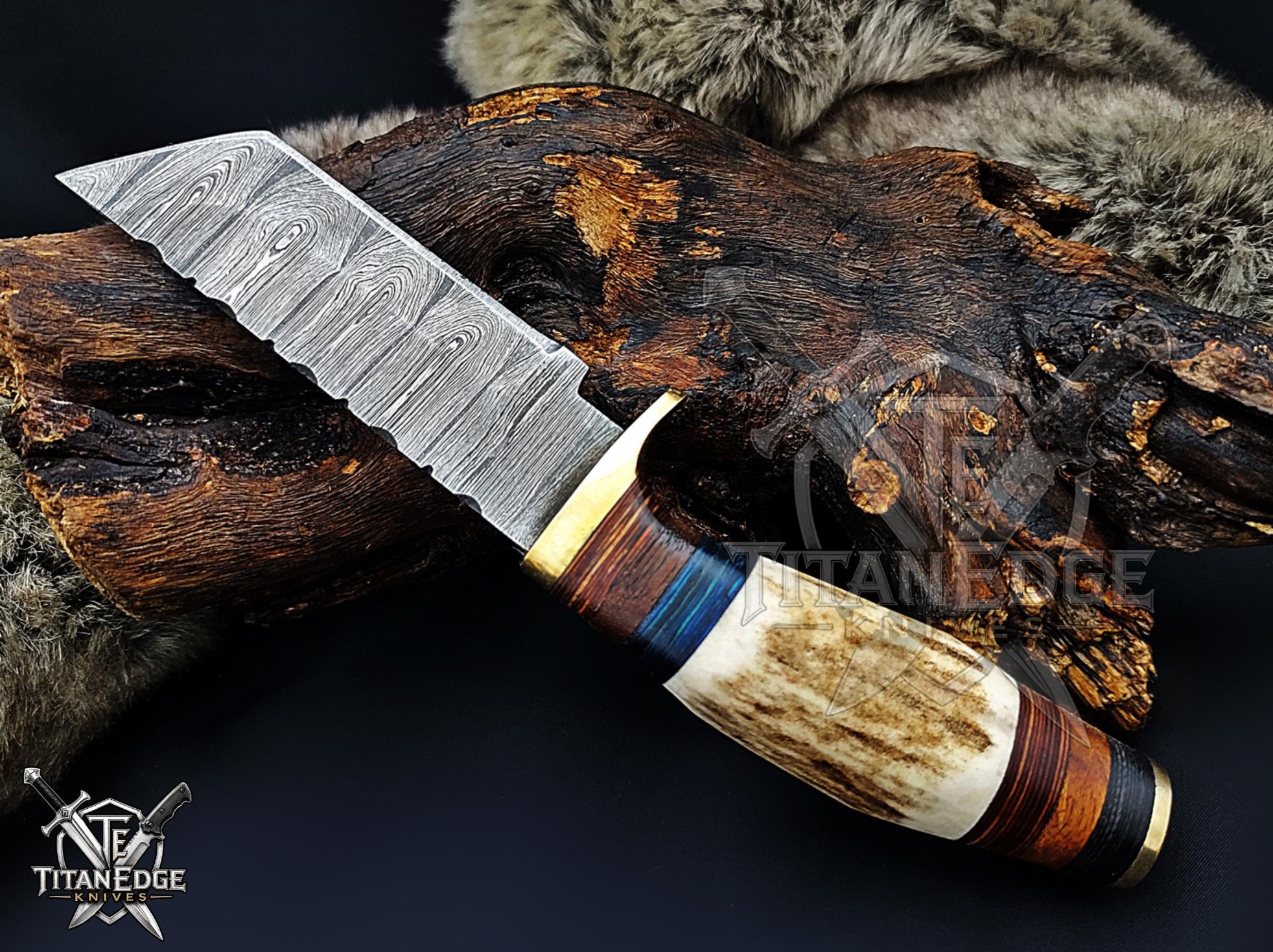 Handmade 8" Damascus Steel Fixed Blade Tanto Hunting Knife, Stag Antler Handle, Groomsmen Gift With Leather Sheath