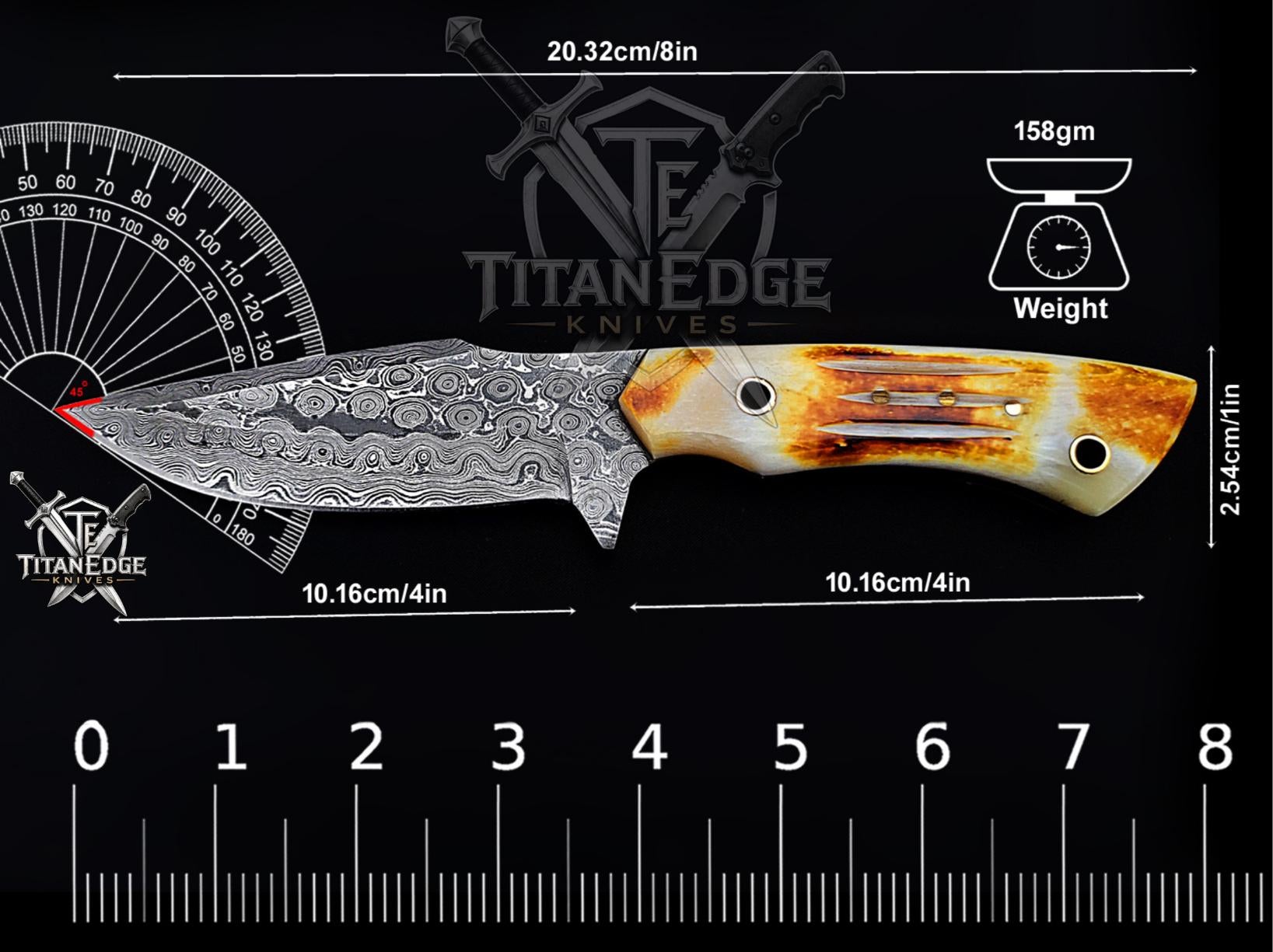Handmade 8" Damascus Steel Fixed Blade Hunting Knife, Horn Handle, Groomsmen Gift With Leather Sheath