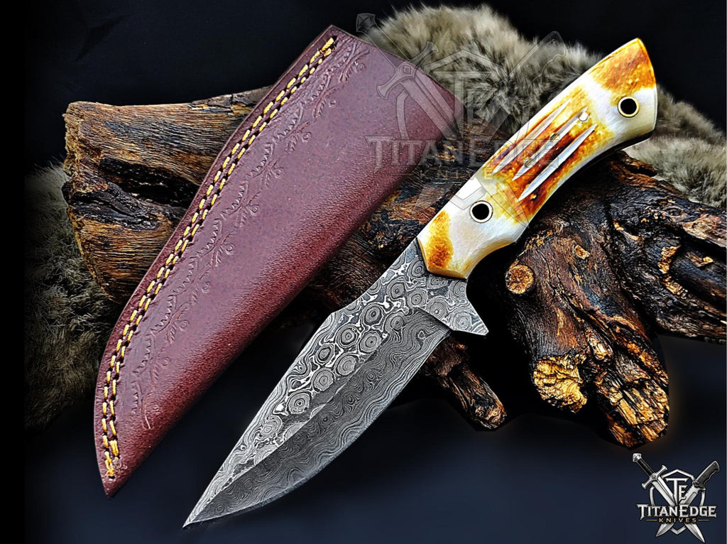 Handmade 8" Damascus Steel Fixed Blade Hunting Knife, Horn Handle, Groomsmen Gift With Leather Sheath