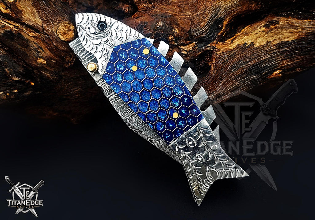 Handmade 7.5" Damascus Steel Pocket Knife, Folding EDC Fish Knife, Blue Honeycomb Handle, Groomsmen Gift With Leather Sheath