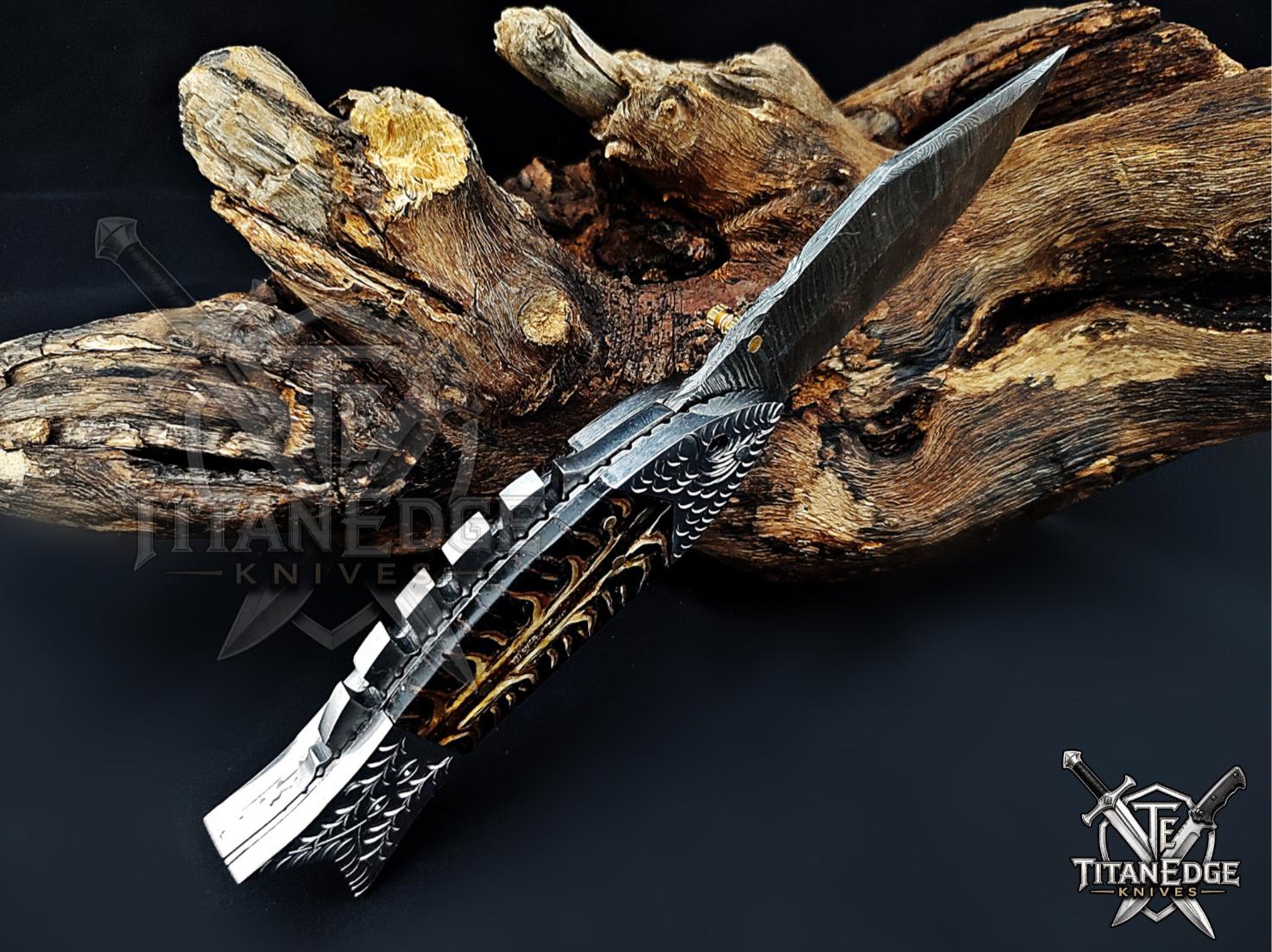 Handmade 7.5 Inch Damascus Steel Pocket Knife, Folding EDC Fishing Knife, Fish Skeleton Handle, Men's Gift With Sheath