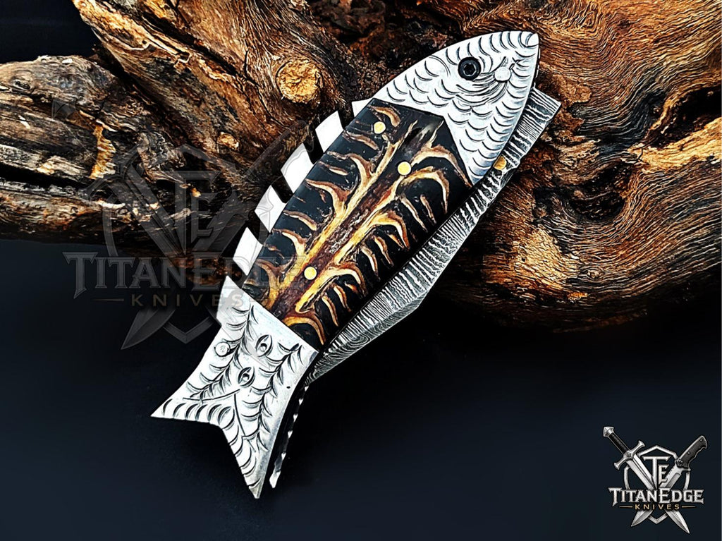 Handmade 7.5 Inch Damascus Steel Pocket Knife, Folding EDC Fishing Knife, Fish Skeleton Handle, Men's Gift With Sheath