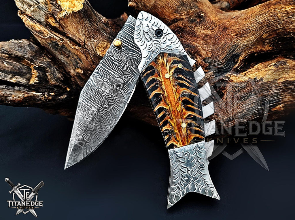 Handmade 7.5 Inch Damascus Steel Pocket Knife, Folding EDC Fishing Knife, Fish Skeleton Handle, Men's Gift With Sheath