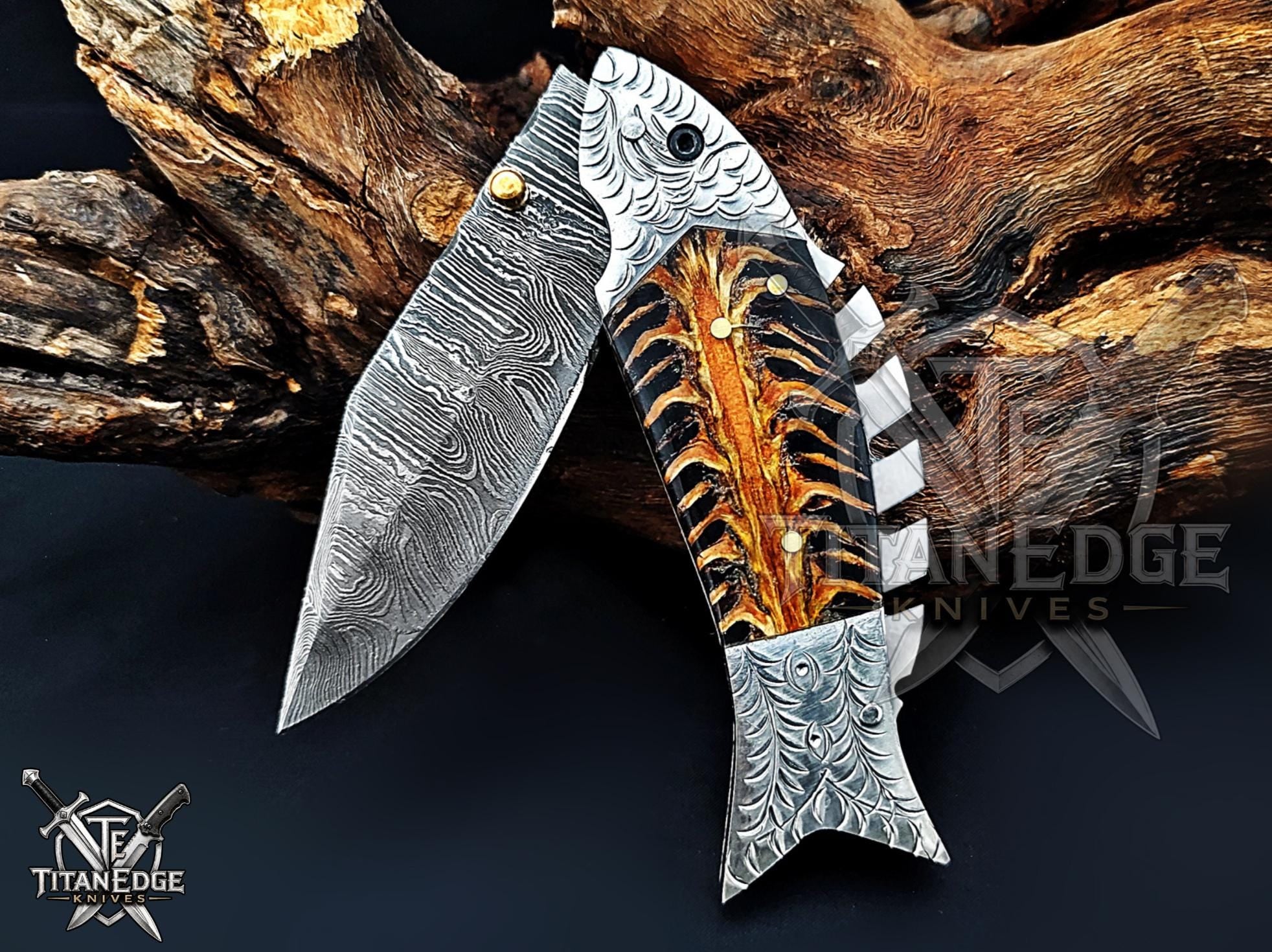 Handmade 7.5 Inch Damascus Steel Pocket Knife, Folding EDC Fishing Knife, Fish Skeleton Handle, Men's Gift With Sheath