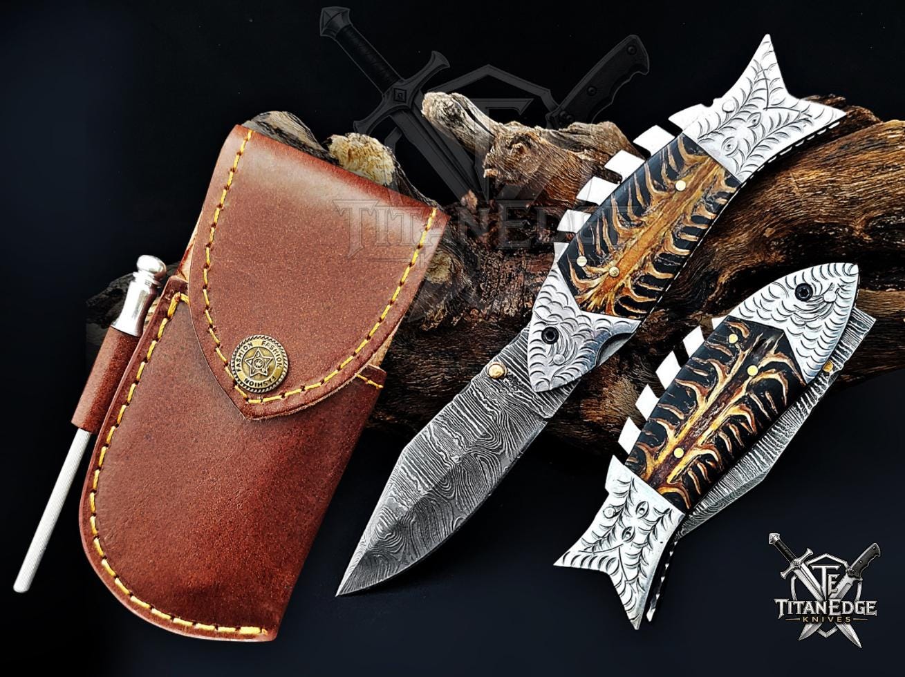 Handmade 7.5 Inch Damascus Steel Pocket Knife, Folding EDC Fishing Knife, Fish Skeleton Handle, Men's Gift With Sheath