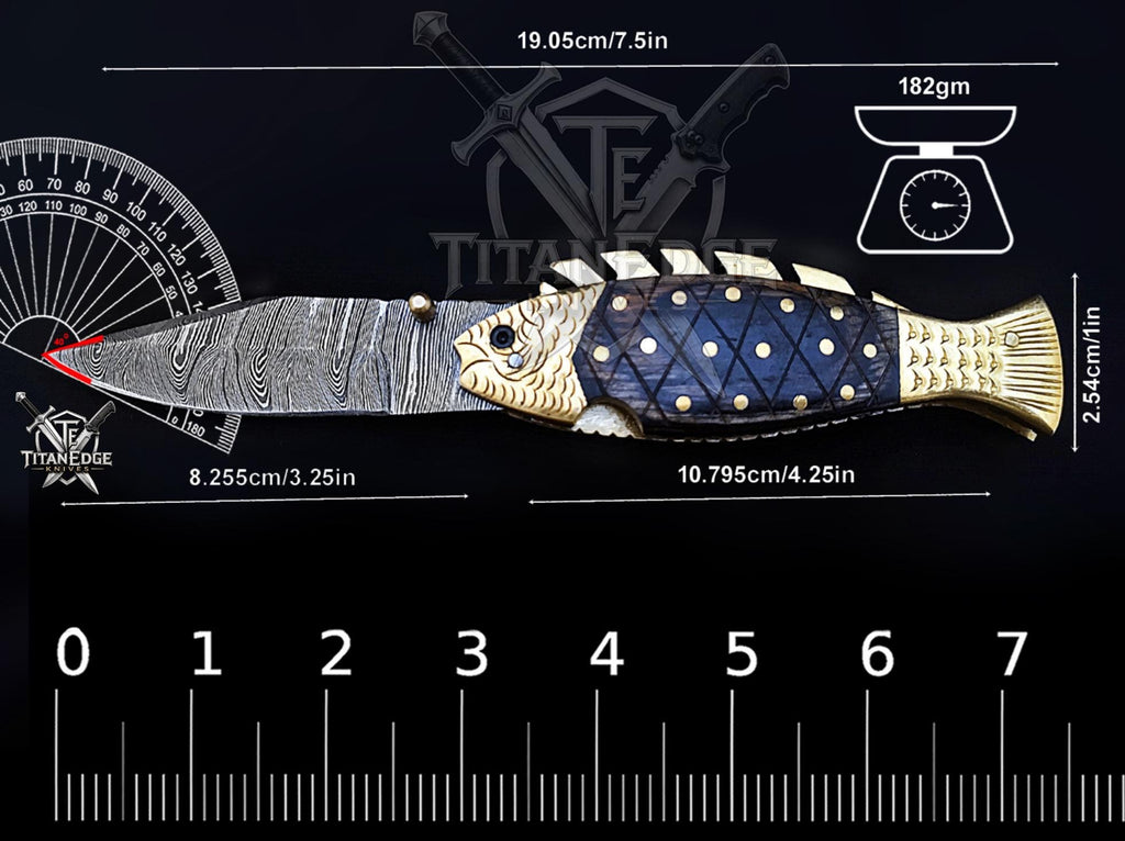 Handmade 7.5" Damascus Steel Pocket Knife, Folding EDC Fish Knife, Wood Handle, Groomsmen Gift With Leather Sheath