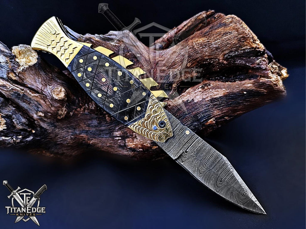 Handmade 7.5" Damascus Steel Pocket Knife, Folding EDC Fish Knife, Wood Handle, Groomsmen Gift With Leather Sheath