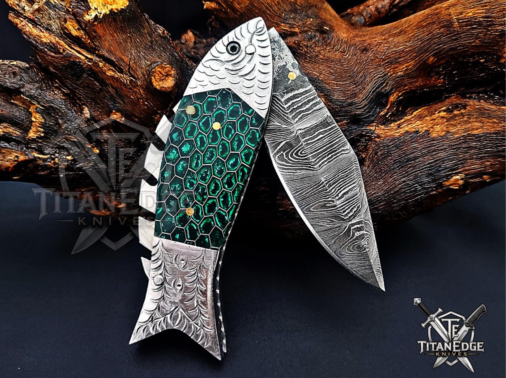 Handmade 7.5" Damascus Steel Pocket Knife, Folding EDC Fish Knife, Honeycomb Handle, Groomsmen Gift With Leather Sheath