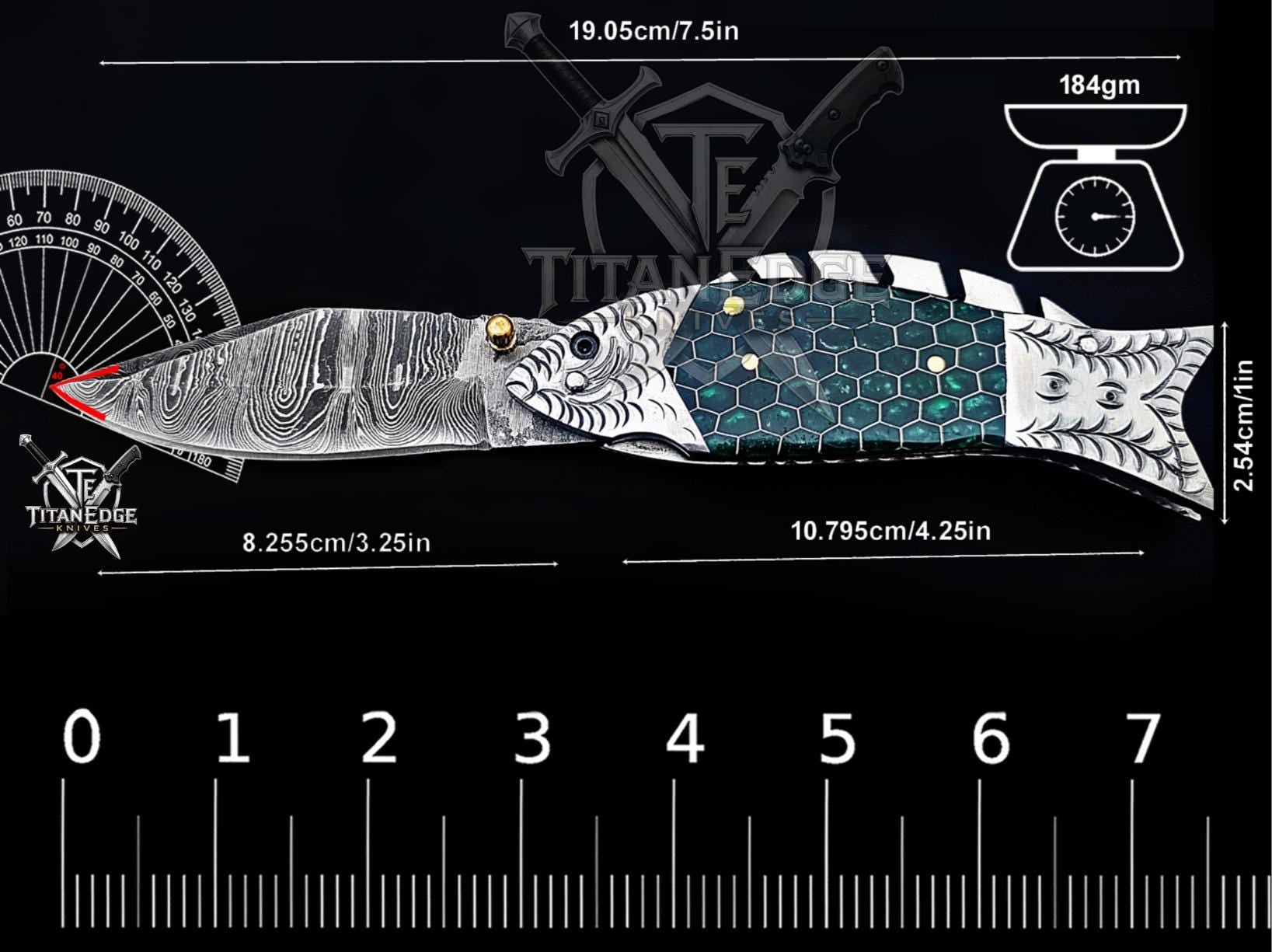 Handmade 7.5" Damascus Steel Pocket Knife, Folding EDC Fish Knife, Honeycomb Handle, Groomsmen Gift With Leather Sheath
