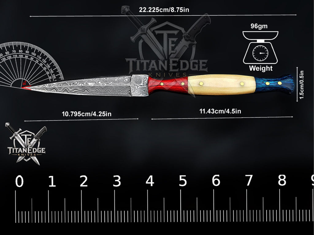 Personalized Handmade 8.75 Inch Damascus Steel Needle Point Dagger Knife, Fixed Blade Boot Knife, Wood & Bone Handle, Men's Gift With Sheath