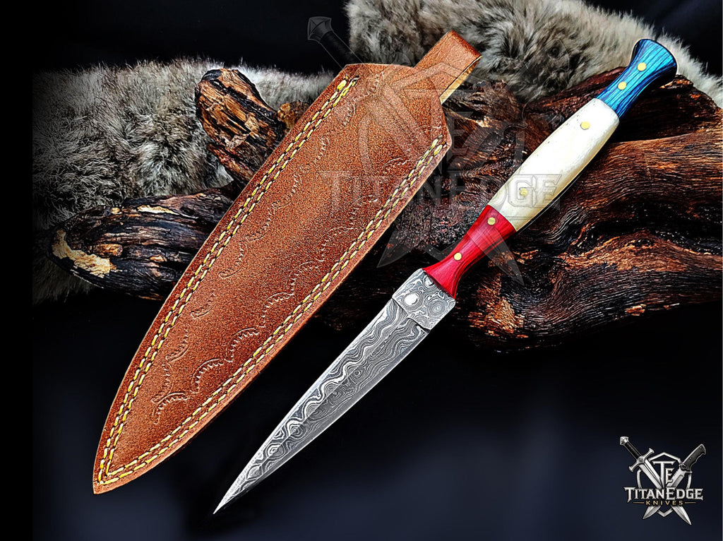 Personalized Handmade 8.75 Inch Damascus Steel Needle Point Dagger Knife, Fixed Blade Boot Knife, Wood & Bone Handle, Men's Gift With Sheath