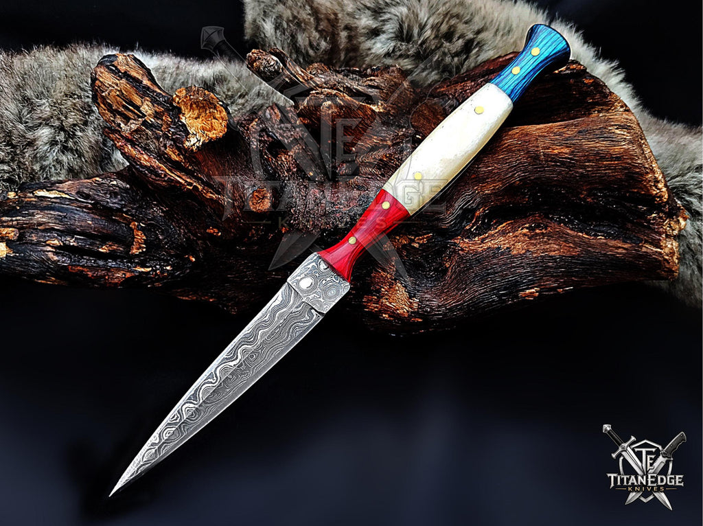 Personalized Handmade 8.75 Inch Damascus Steel Needle Point Dagger Knife, Fixed Blade Boot Knife, Wood & Bone Handle, Men's Gift With Sheath