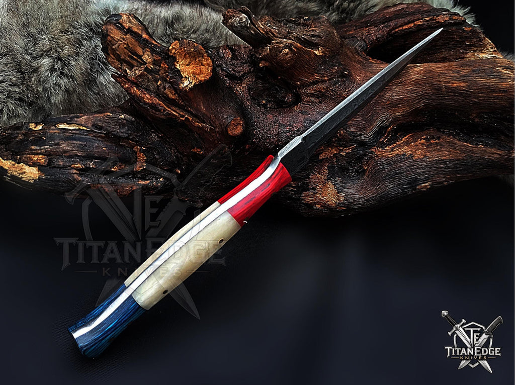 Personalized Handmade 8.75 Inch Damascus Steel Needle Point Dagger Knife, Fixed Blade Boot Knife, Wood & Bone Handle, Men's Gift With Sheath