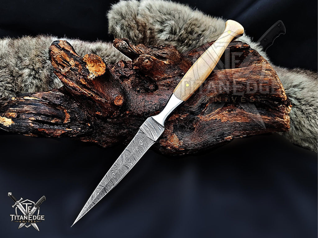 Personalized Handmade 8.75 Inch Damascus Steel Needle Point Dagger Boot Knife, Fixed Blade Boot Knife,  Bone Handle, Men's Gift With Sheath