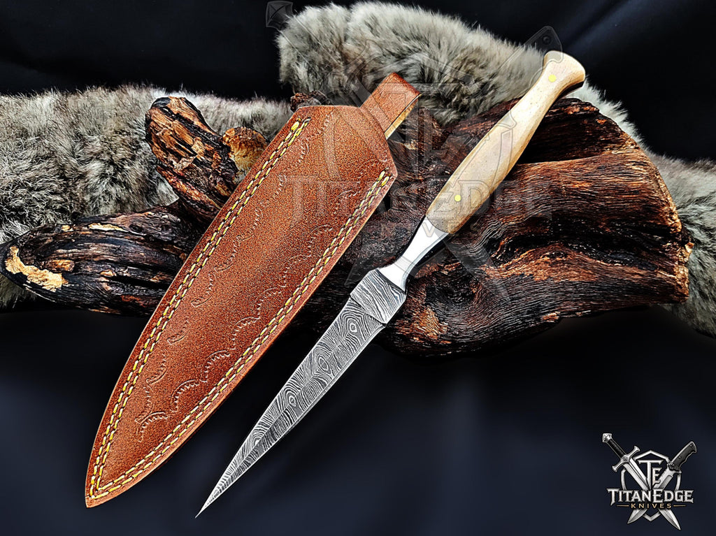 Personalized Handmade 8.75 Inch Damascus Steel Needle Point Dagger Boot Knife, Fixed Blade Boot Knife,  Bone Handle, Men's Gift With Sheath