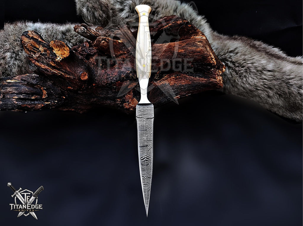 Personalized Handmade 8.75 Inch Damascus Steel Needle Point Dagger Boot Knife, Fixed Blade Boot Knife,  Bone Handle, Men's Gift With Sheath