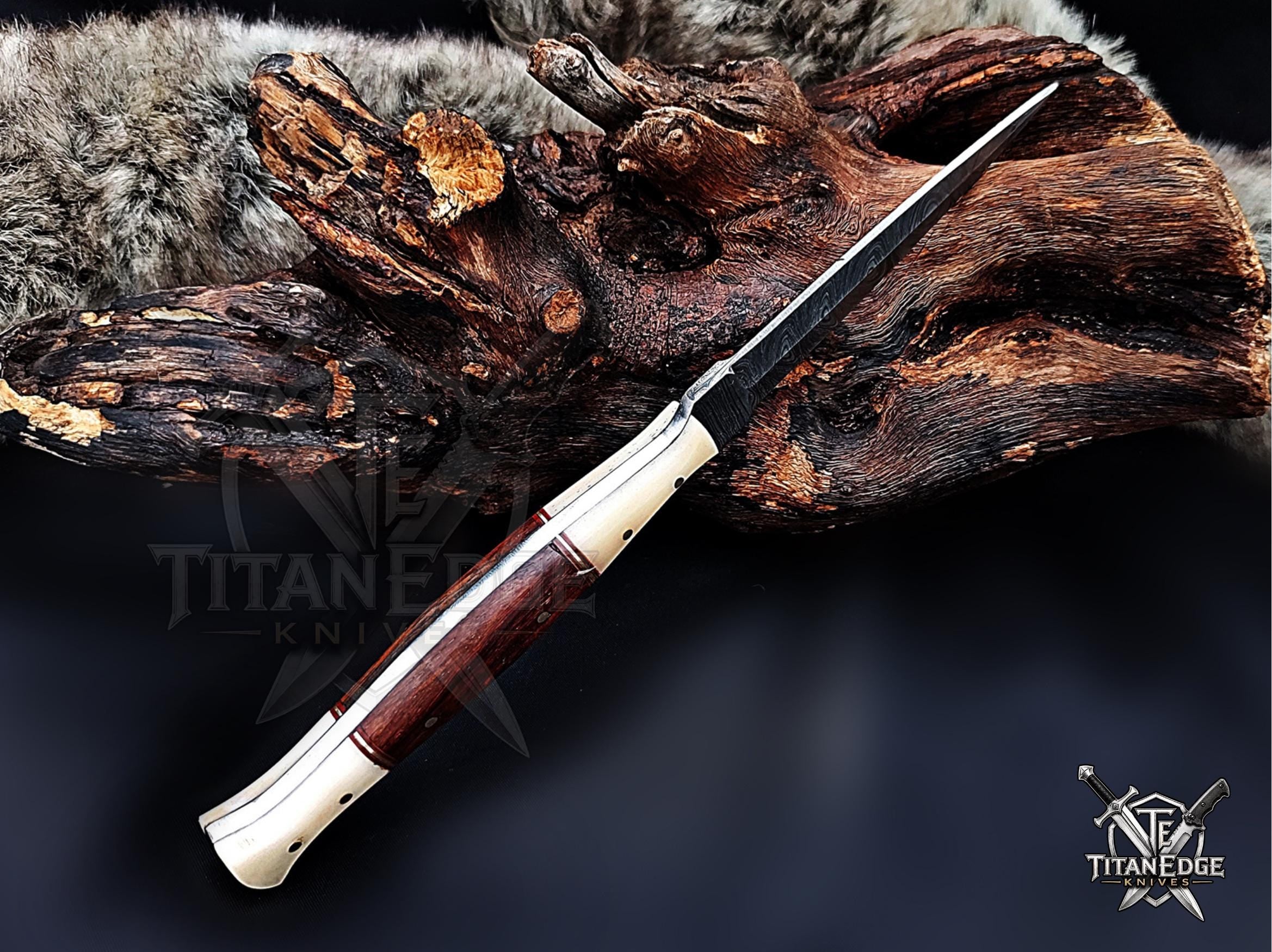 Personalized Handmade 8.75 Inch Damascus Steel Needle Point Boot Knife, Fixed Blade Boot Knife,  Wood & Bone Handle, Men's Gift With Sheath