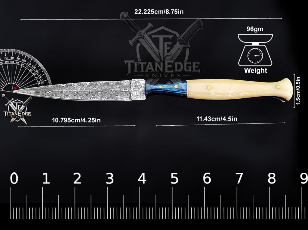 Personalized Handmade 8.75 Inch Damascus Steel Needle Dagger Boot Knife, Fixed Blade Boot Knife,  Wood&Bone Handle, Men's Gift With Sheath