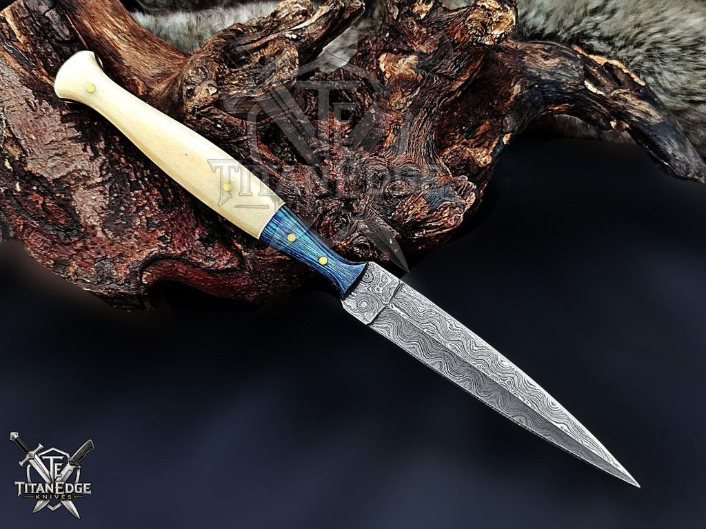 Personalized Handmade 8.75 Inch Damascus Steel Needle Dagger Boot Knife, Fixed Blade Boot Knife,  Wood&Bone Handle, Men's Gift With Sheath