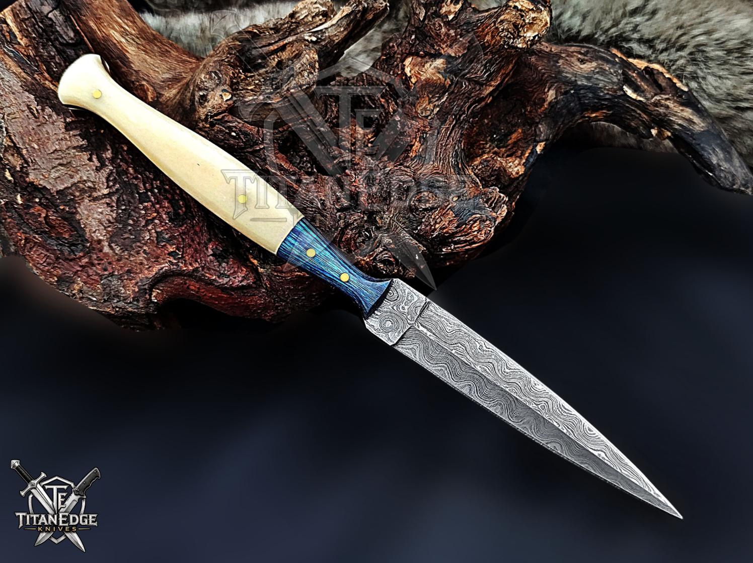 Personalized Handmade 8.75 Inch Damascus Steel Needle Dagger Boot Knife, Fixed Blade Boot Knife,  Wood&Bone Handle, Men's Gift With Sheath