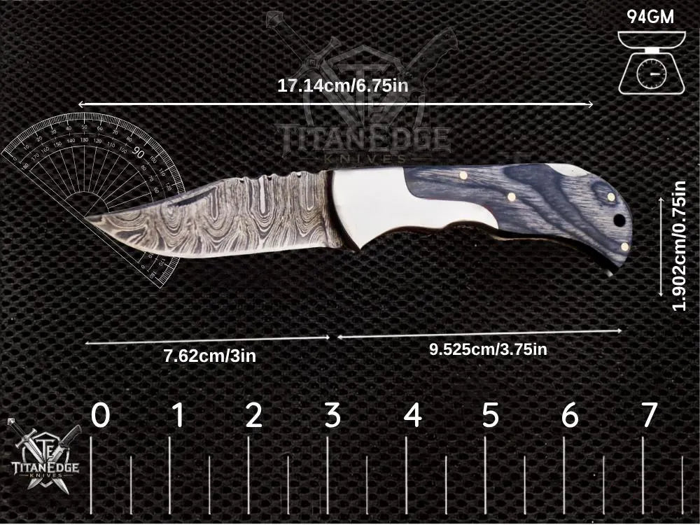 Personalized Handmade 6.75"Damascus Steel Pocket Knife, Folding EDC Hunting Knife, Wood Handle, Groomsmen Gift With Leather Sheath
