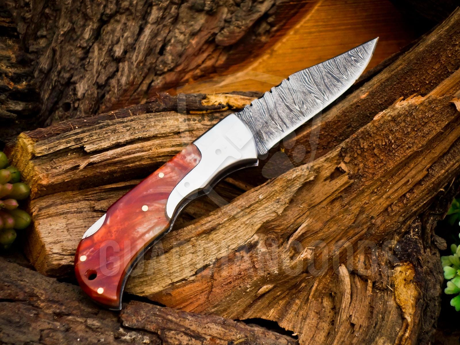 Personalized Handmade Damascus Steel Pocket Knife, Folding EDC Hunting Knife, Resin Handle, Groomsmen Gift With Leather Sheath