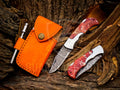 Personalized Handmade Damascus Steel Pocket Knife, Folding EDC Hunting Knife, Resin Handle, Groomsmen Gift With Leather Sheath