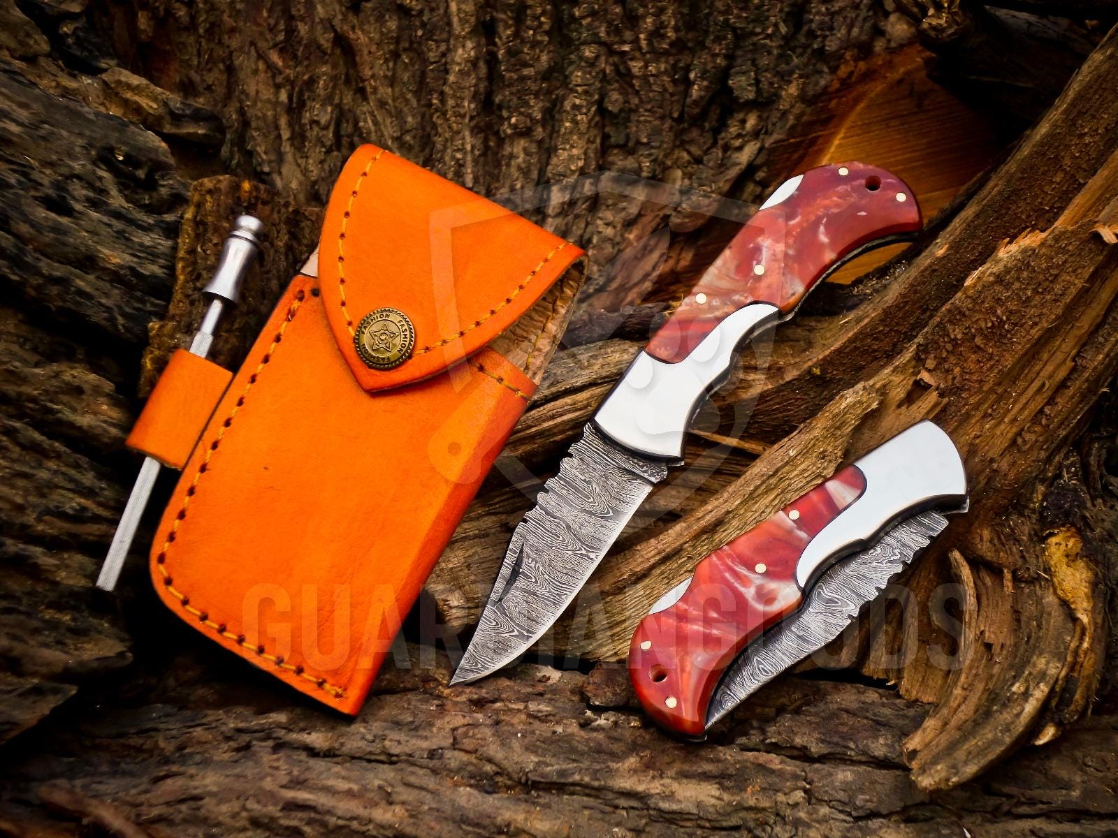 Personalized Handmade Damascus Steel Pocket Knife, Folding EDC Hunting Knife, Resin Handle, Groomsmen Gift With Leather Sheath