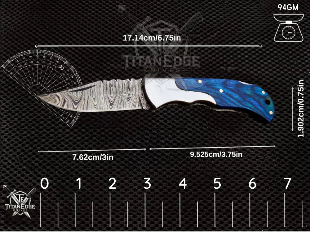 Personalized Handmade 6.75"Damascus Steel Pocket Knife, Folding EDC Hunting Knife, Wood Handle, Groomsmen Gift With Leather Sheath (Copy)