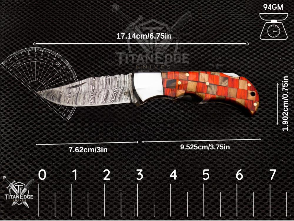 Personalized Handmade 6.75"Damascus Steel Pocket Knife, Folding EDC Hunting Knife, Wood Handle, Groomsmen Gift With Leather Sheath