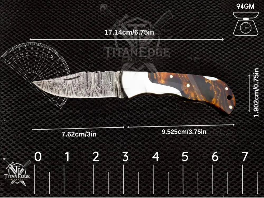 Personalized Handmade 6.75"Damascus Steel Pocket Knife, Folding EDC Hunting Knife, Resin Handle, Groomsmen Gift With Leather Sheath