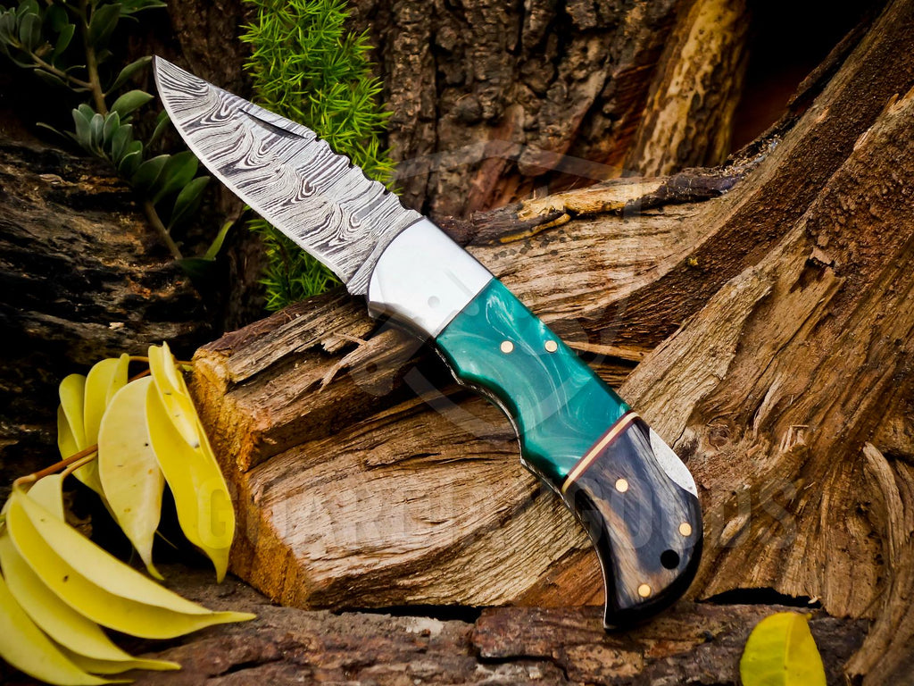 Personalized Handmade Damascus Steel Pocket Knife, Folding EDC Hunting Knife, Wood & Resin Handle, Groomsmen Gift With Leather Sheath