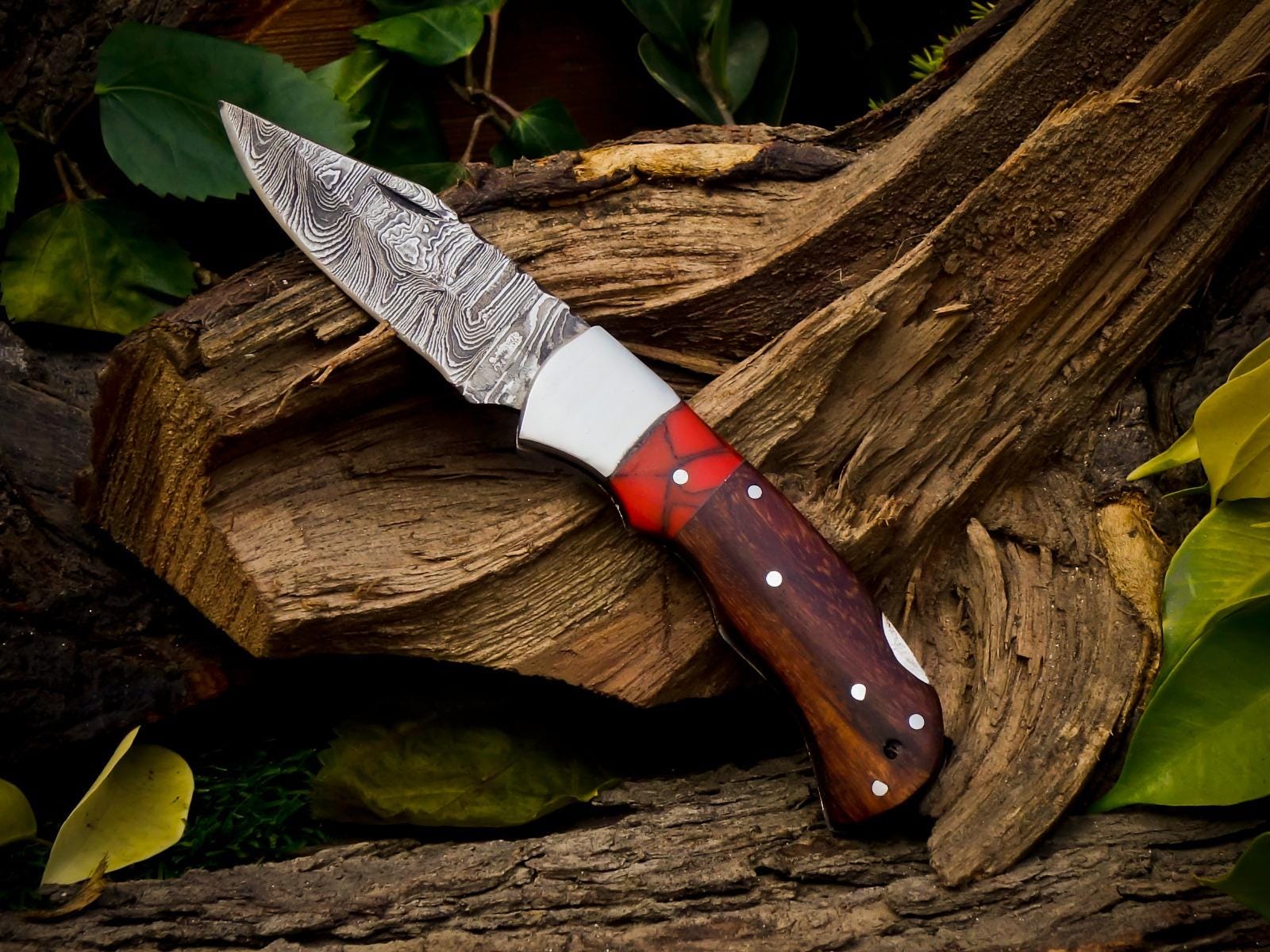 Personalized Handmade Damascus Steel Pocket Knife, Folding EDC Hunting Knife, Wood Handle, Groomsmen Gift With Leather Sheath