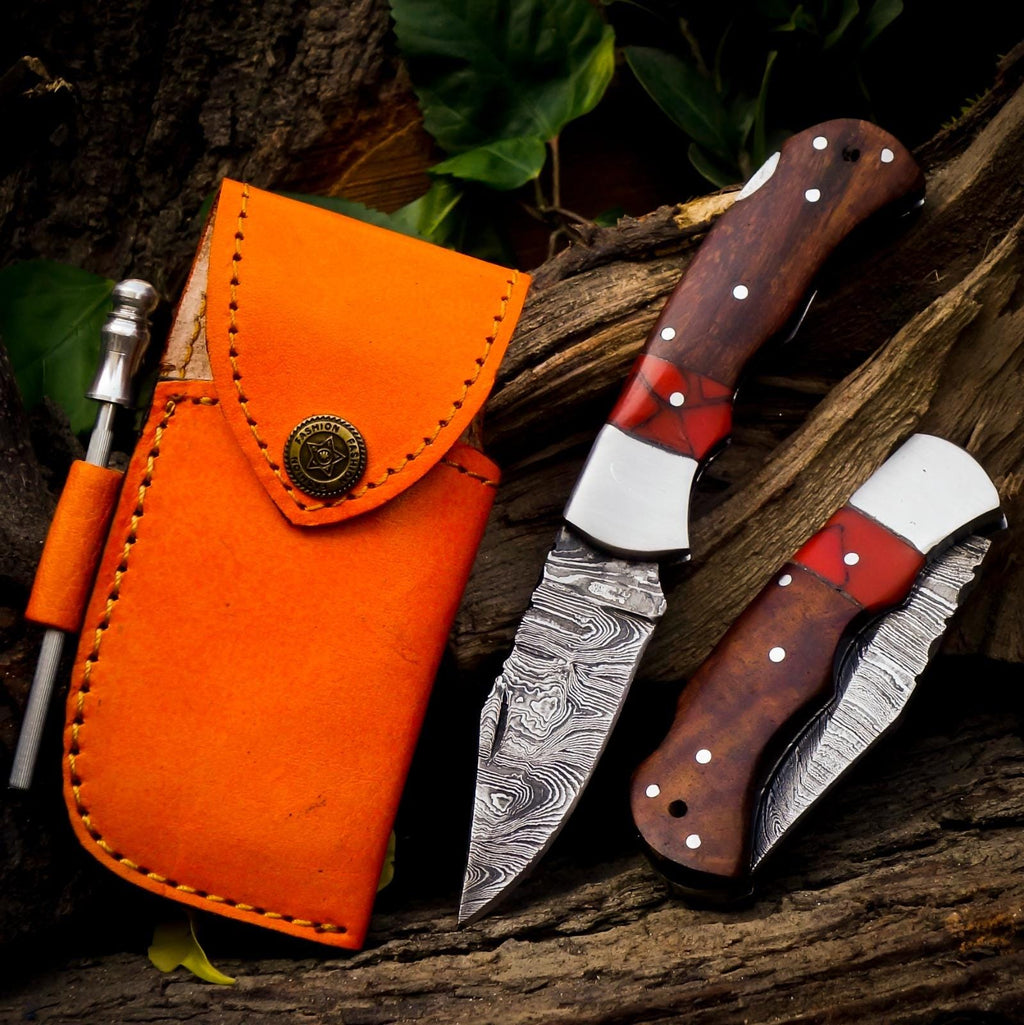 Personalized Handmade Damascus Steel Pocket Knife, Folding EDC Hunting Knife, Wood Handle, Groomsmen Gift With Leather Sheath